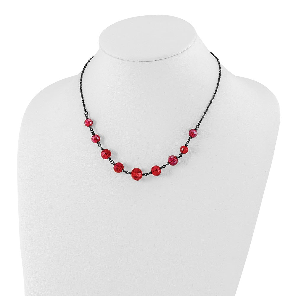 1928 Jewelry Black-plated Red Glass Faceted Graduated Bead 16 inch Necklace with 3 inch extension