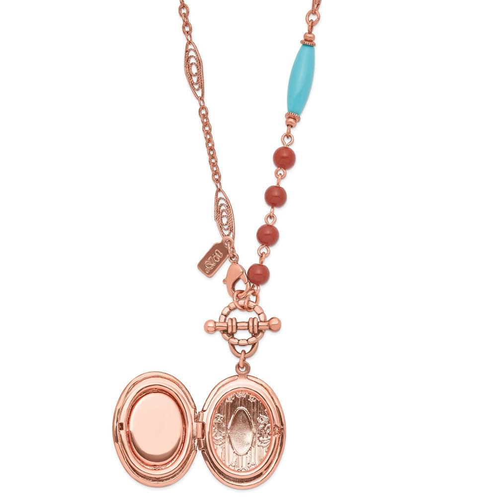 1928 Jewelry Copper-tone Aqua Blue and Brown Acrylic Beads Floral Frame with Aqua Center Locket Necklace Holds 2 Photos