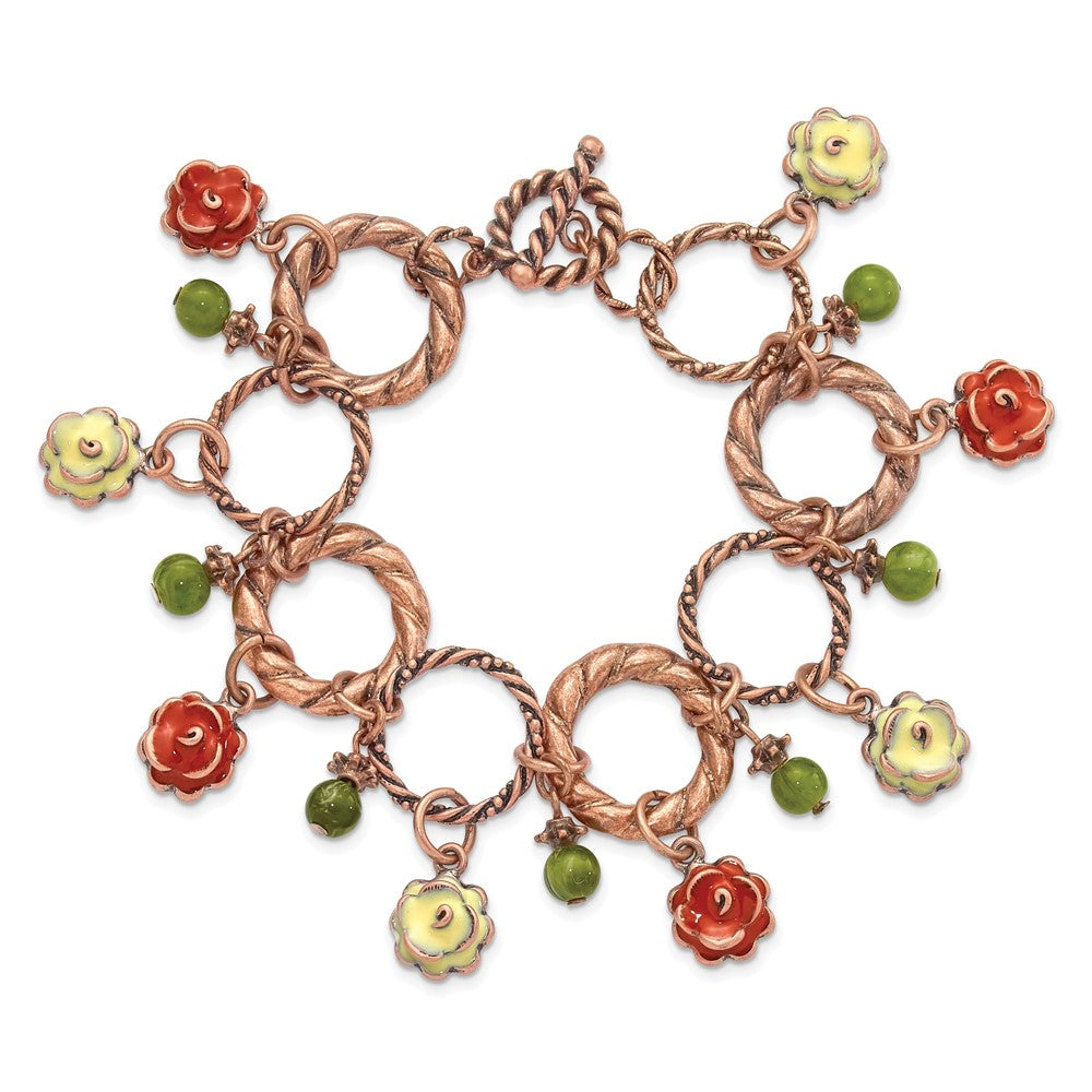 1928 Jewelry Copper-tone Textured Link Orange and Light Green Enamel Flower Green Acrylic Bead Dangles 7 inch Toggle Bracelet
