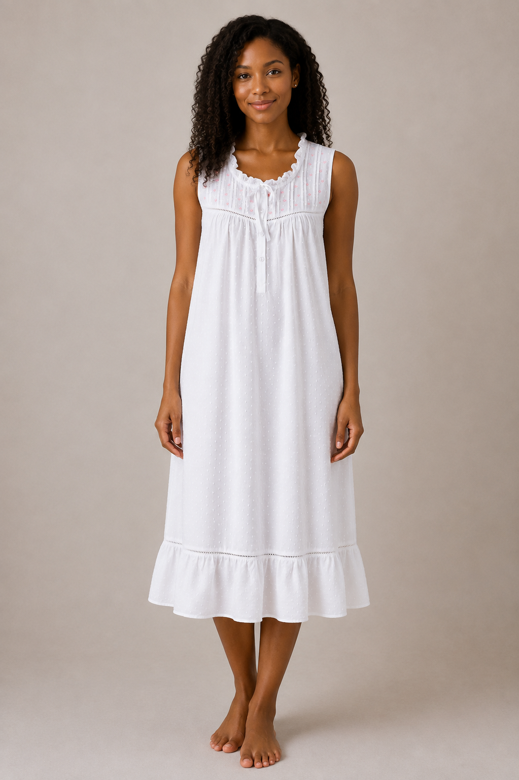 Taleen White 100% Cotton Pink Heart Embroidered Nightgown Nightdress