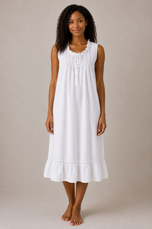 Taleen White 100% Cotton Pink Heart Embroidered Pintuck Detailing Nightgown Nightdress