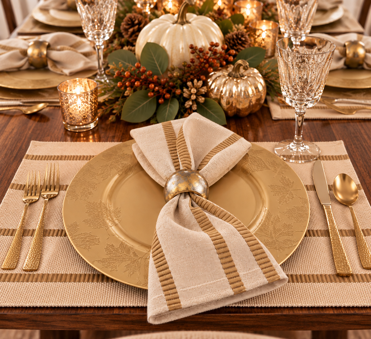 Curated Autumn Golden Luxe Table Set – 4 Place Settings (16 Pcs Total)