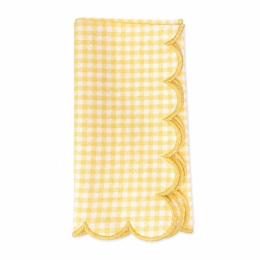 Yellow Scalloped Gingham Napkins 100% cotton, 18 Inch Square (4 pcs.)