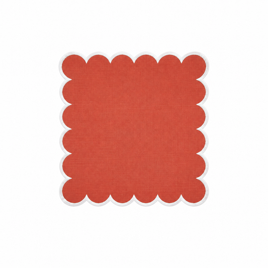 White/Rust Scalloped Cocktail Napkins 100% cotton, 6 Inch Square (4 pcs.)