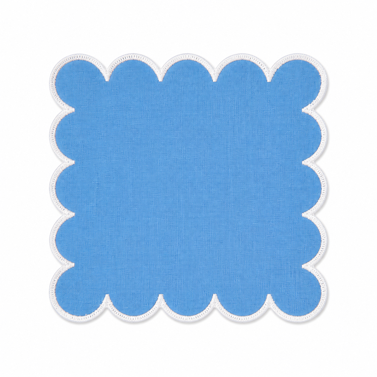 Periwinkle Blue with White Scalloped Cocktail Napkins 100% cotton, 6 Inch Square (4 pcs.)