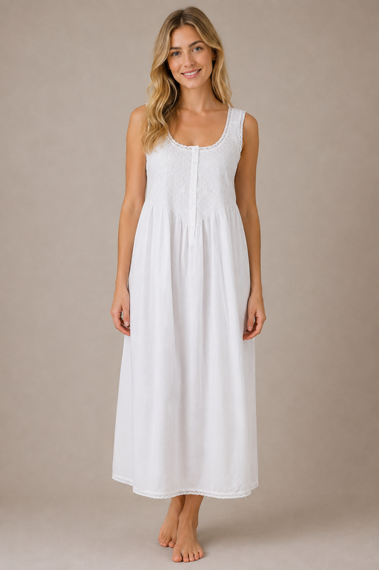 Taleen White 100% Cotton Victorian Buttoned Wide Shoulder Strap Embroidered Nightgown Nightdress