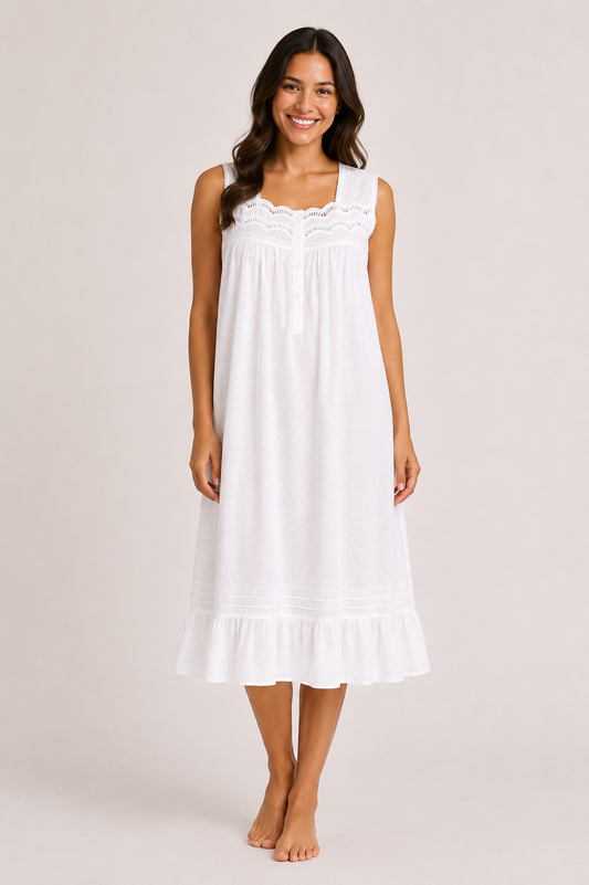 Taleen White 100% Cotton Embroidered Button Front Midi Nightgown Nightdress