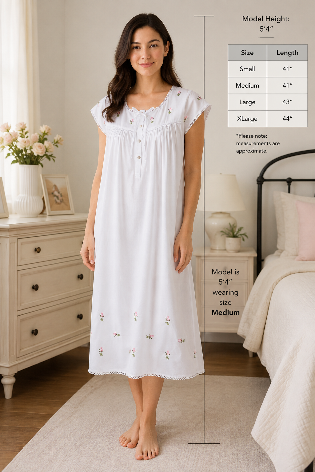 Taleen White 100% Cotton Pink Floral Embroidered Nightgown Nightdress