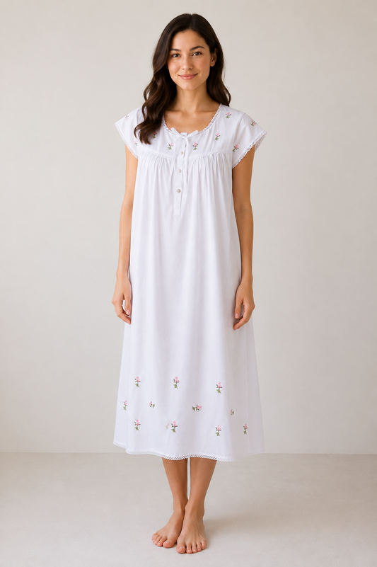 Taleen White 100% Cotton Pink Floral Embroidered Nightgown Nightdress