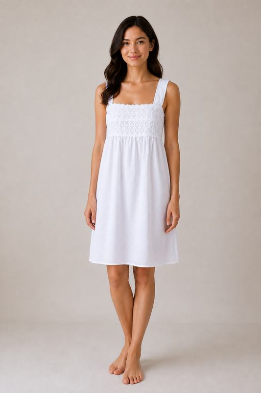 Taleen White 100% Cotton Embroidered Swiss Dot Nightgown Nightdress