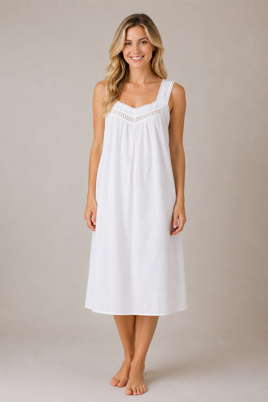 Taleen White 100% Cotton Lace Crochet Trim Midi Nightgown Nightdress