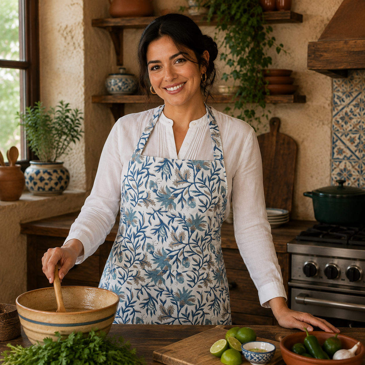 Blue-and-Sage Botanical Vine Hand Block Print Apron 100% cotton Size: 32" x 36"