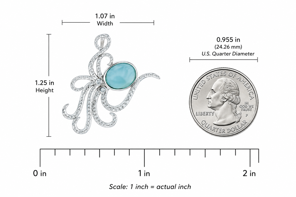 925 Sterling  Silver Larimar Oval Shape Textured Swirl Octopus Pendant  3.49 gm