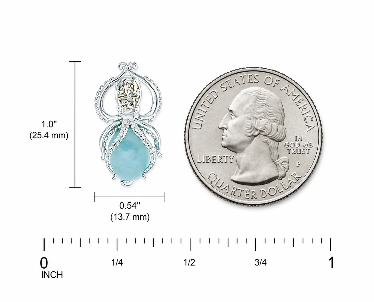 925 Sterling  Silver Larimar Oval Shape Textured Octopus Pendant  2.49 gm