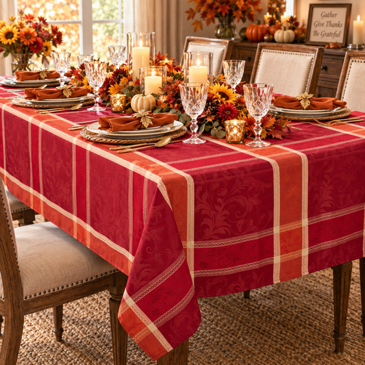 Red/Orange Multi Color Plaid Thanksgiving Transitional Christmas Dining Tablecloth, Easy Care Fabric