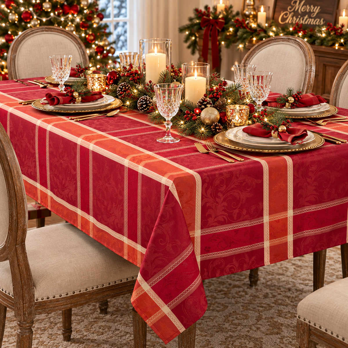 Occasion Gallery Thanksgiving Transitional Christmas Holiday Red Plaid Rectangular Tablecloth - Various Sizes
