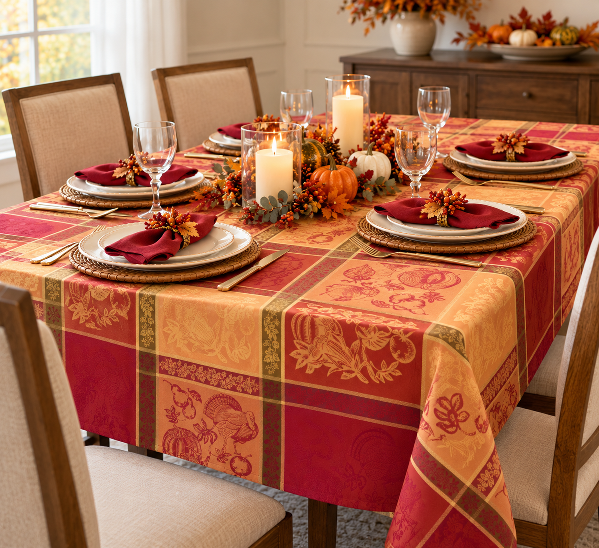 Multi  Jacquard Design Thanksgiving Tablecloth  53% polyester - 47% cotton
