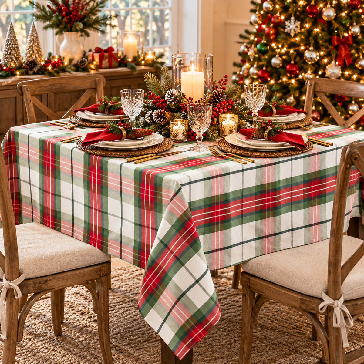 Multi  Plaid Design Holiday Tablecloth  100% polyester