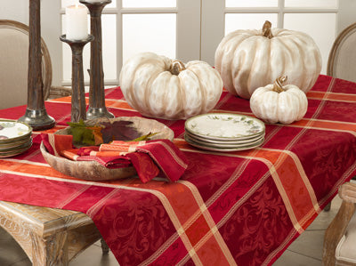 Red/Orange Multi Color Plaid Thanksgiving Transitional Christmas Dining Tablecloth, Easy Care Fabric