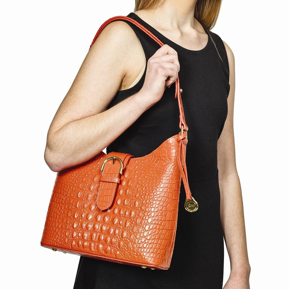Luxury Giftware by Jere Top Grain Leather Croc Texture Marigold Orange Zip-Top Handbag with Adjustable Strap, 2 Zip Pockets, 2 Slip Pockets, Key Fob