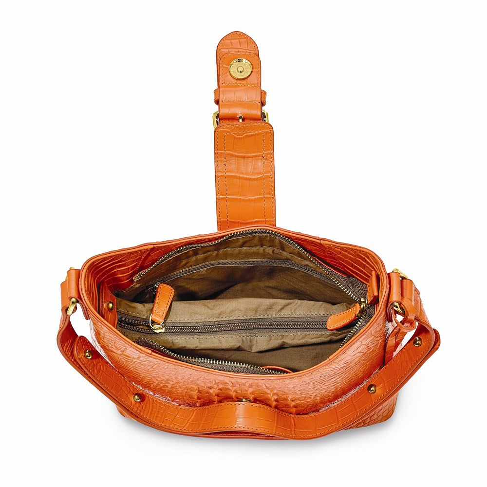 Luxury Giftware by Jere Top Grain Leather Croc Texture Marigold Orange Zip-Top Handbag with Adjustable Strap, 2 Zip Pockets, 2 Slip Pockets, Key Fob