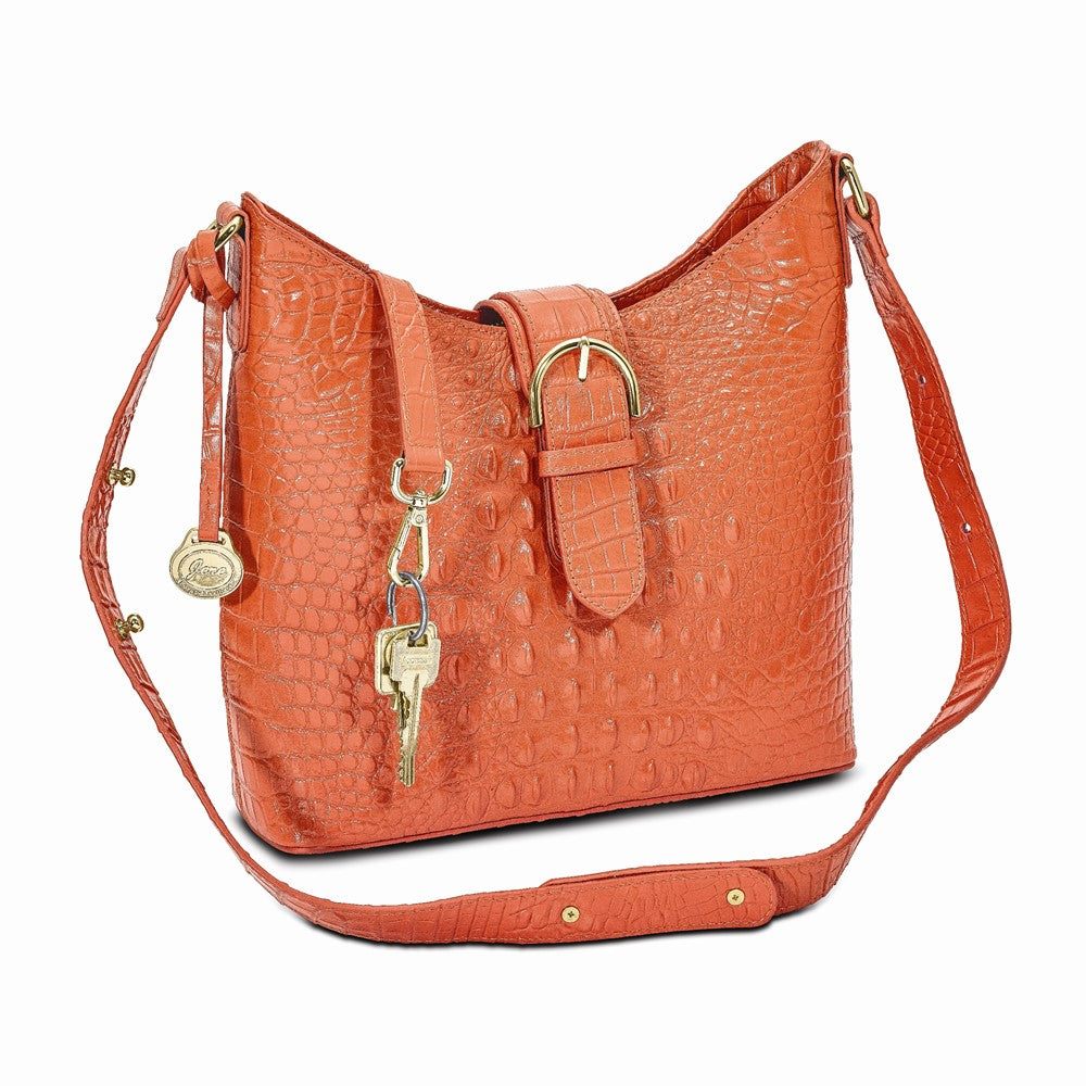 Luxury Giftware by Jere Top Grain Leather Croc Texture Marigold Orange Zip-Top Handbag with Adjustable Strap, 2 Zip Pockets, 2 Slip Pockets, Key Fob