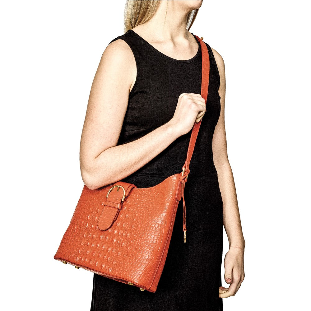 Luxury Giftware by Jere Top Grain Leather Croc Texture Marigold Orange Zip-Top Handbag with Adjustable Strap, 2 Zip Pockets, 2 Slip Pockets, Key Fob