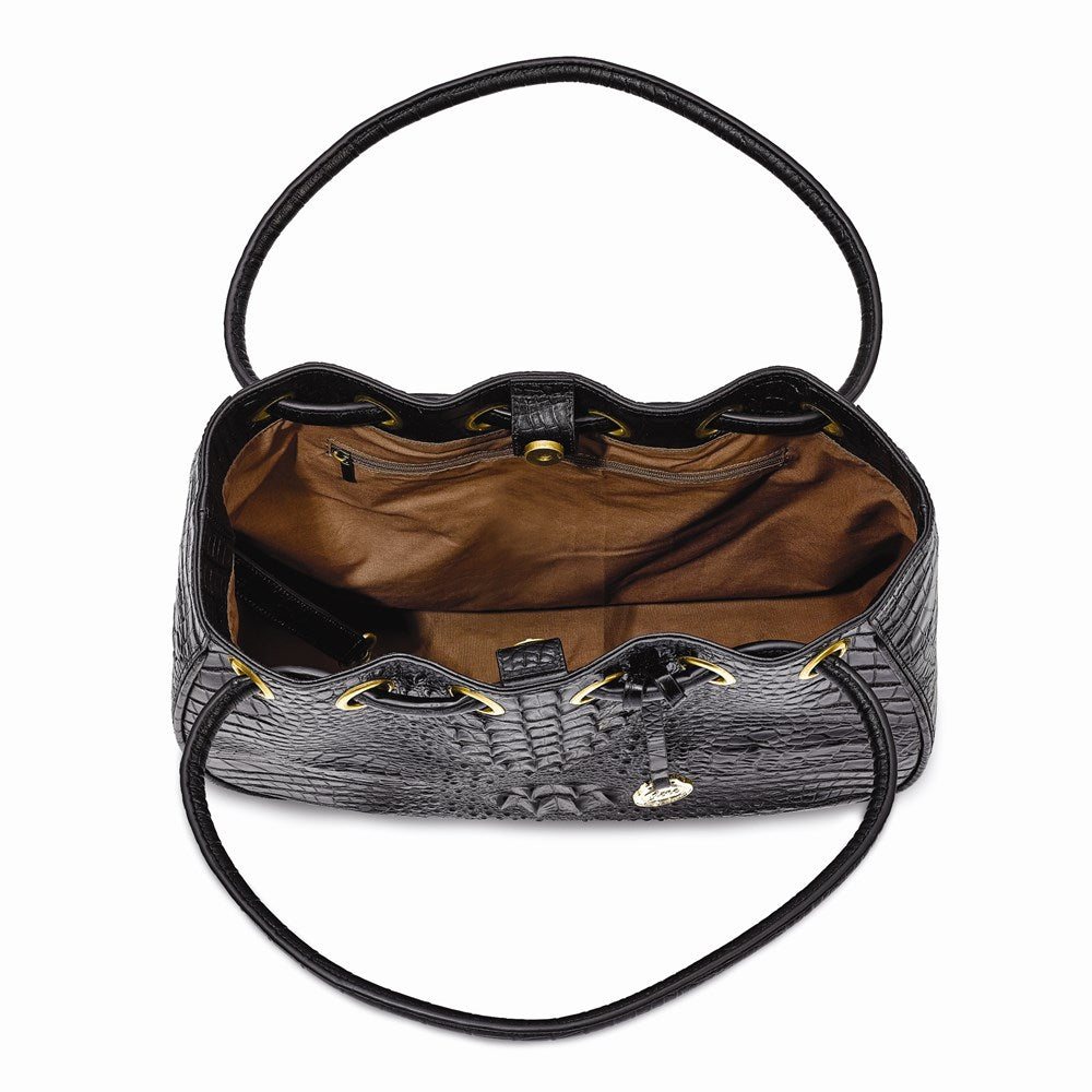 Luixury Giftware by Jere Top Grain Leather Croc Texture Black Drawstring Magnetic Snap Handbag with 2 Slip Pockets, 2 Pen Pockets, Key Fob