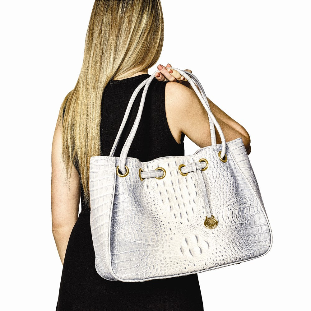 Top Grain Leather Croc Texture Silver-Grey Drawstring Magnetic Snap Handbag with 2 Slip Pockets, 2 Pen Pockets, Key Fob