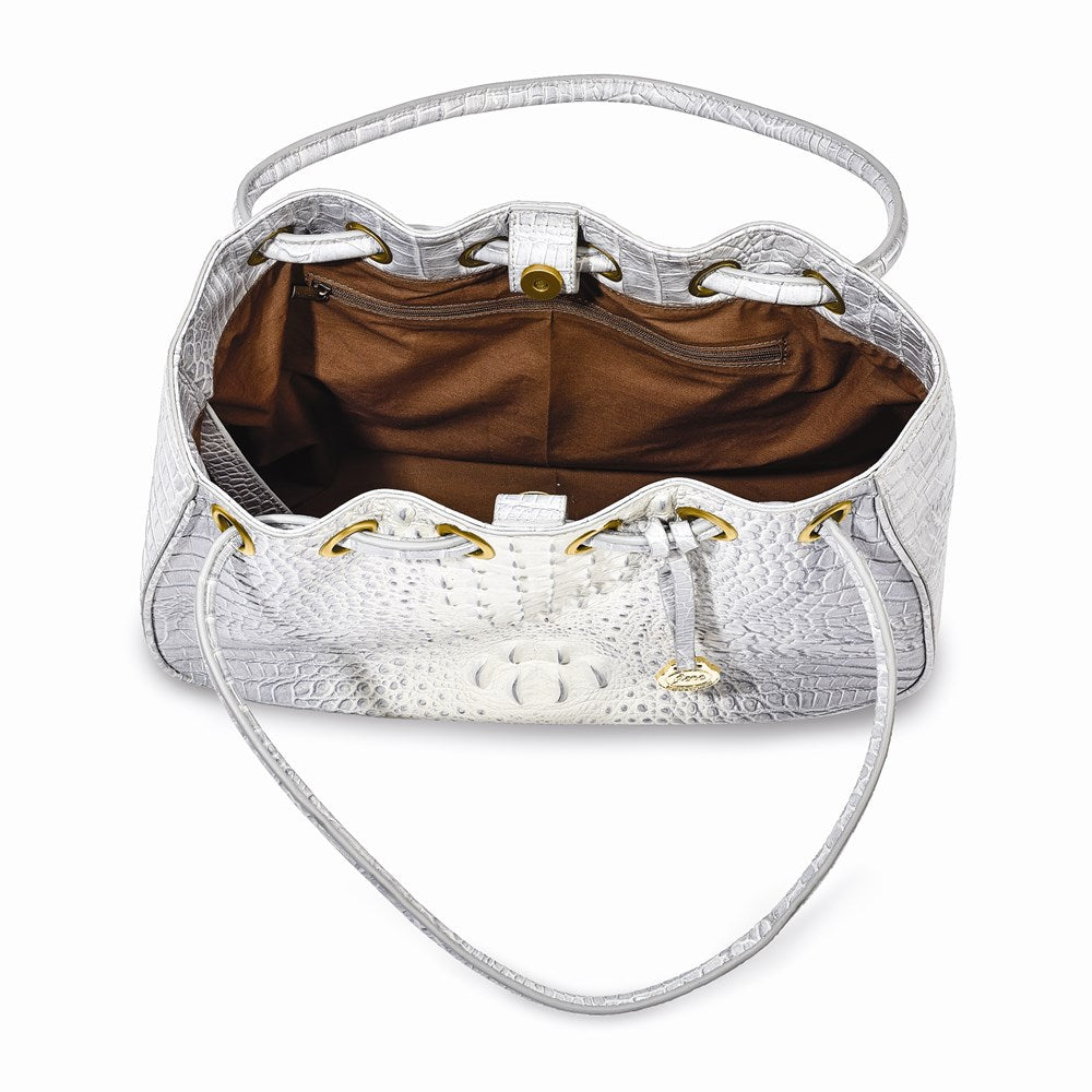 Top Grain Leather Croc Texture Silver-Grey Drawstring Magnetic Snap Handbag with 2 Slip Pockets, 2 Pen Pockets, Key Fob