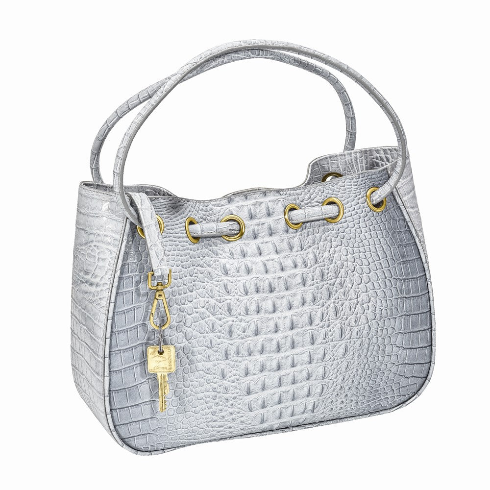 Top Grain Leather Croc Texture Silver-Grey Drawstring Magnetic Snap Handbag with 2 Slip Pockets, 2 Pen Pockets, Key Fob
