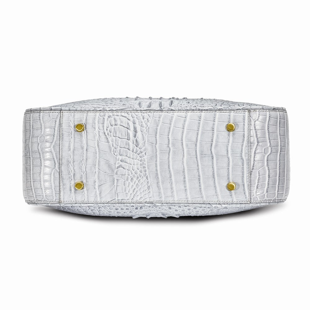 Top Grain Leather Croc Texture Silver-Grey Drawstring Magnetic Snap Handbag with 2 Slip Pockets, 2 Pen Pockets, Key Fob