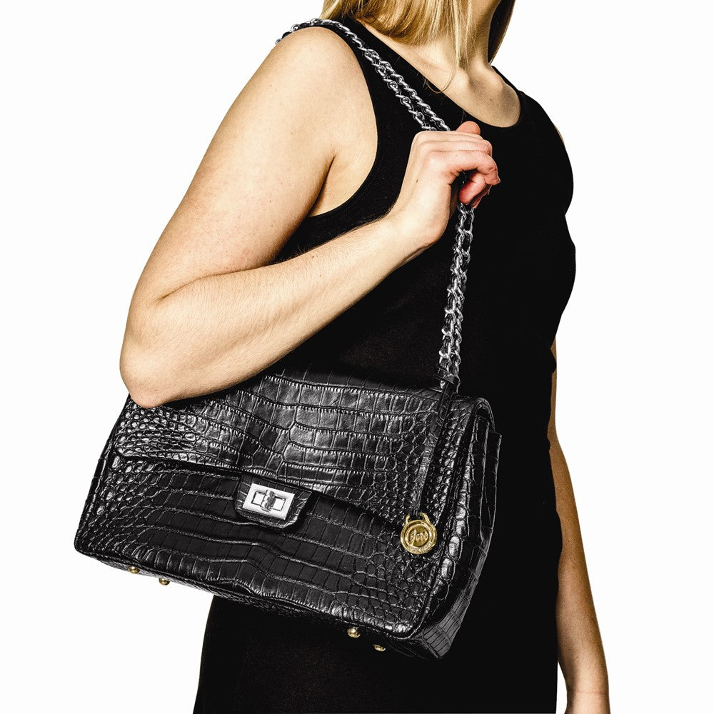 Luxury Giftware by Jere Top Grain Leather Croc Texture Black Chain Strap Handbag with Zip Pocket, 2 Slip Pockets, and Key Fob