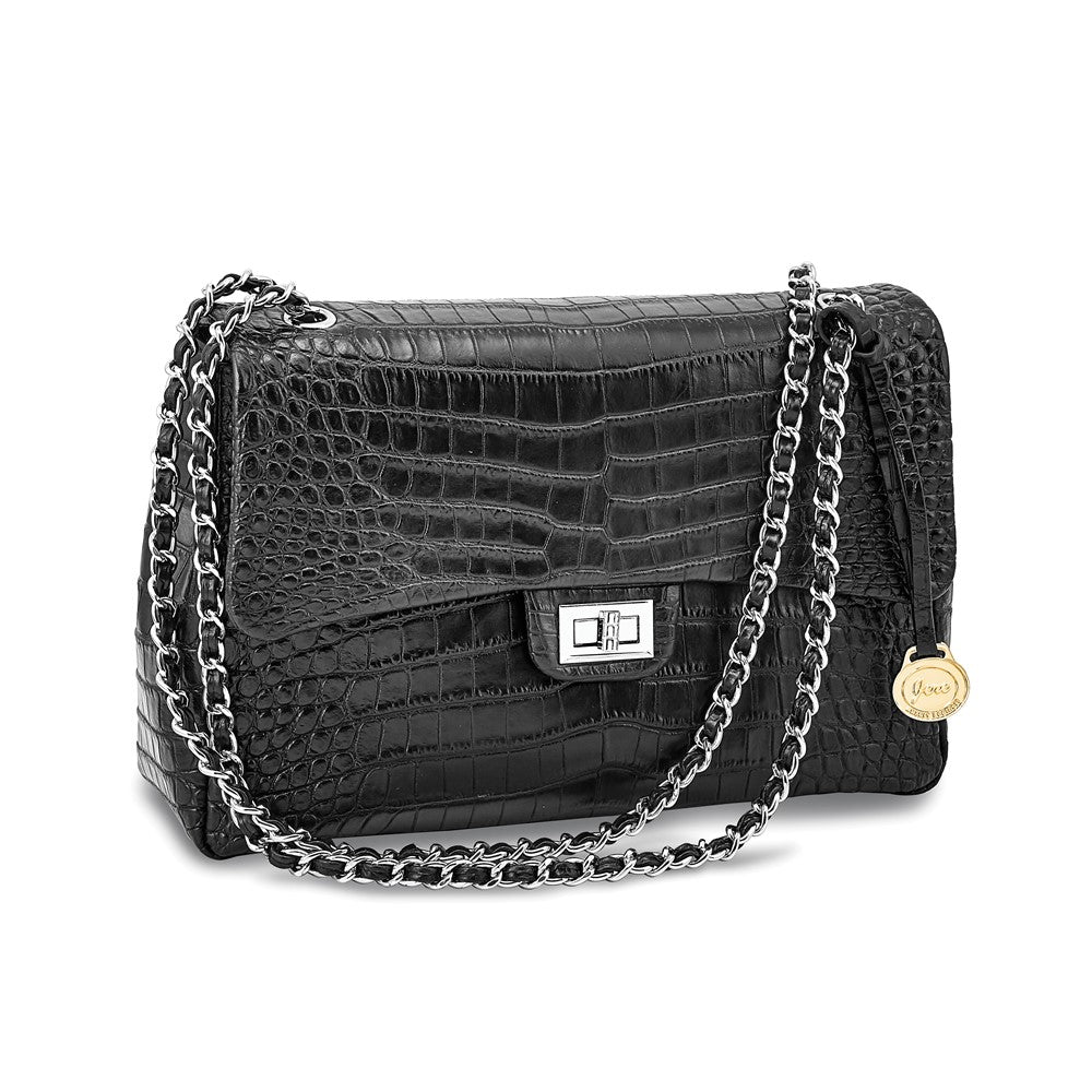 Luxury Giftware by Jere Top Grain Leather Croc Texture Black Chain Strap Handbag with Zip Pocket, 2 Slip Pockets, and Key Fob