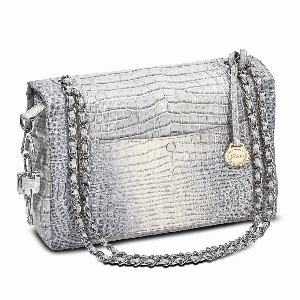 Top Grain Leather Croc Texture Silver-Grey Chain Strap Handbag with Zip Pocket, 2 Slip Pockets, and Key Fob