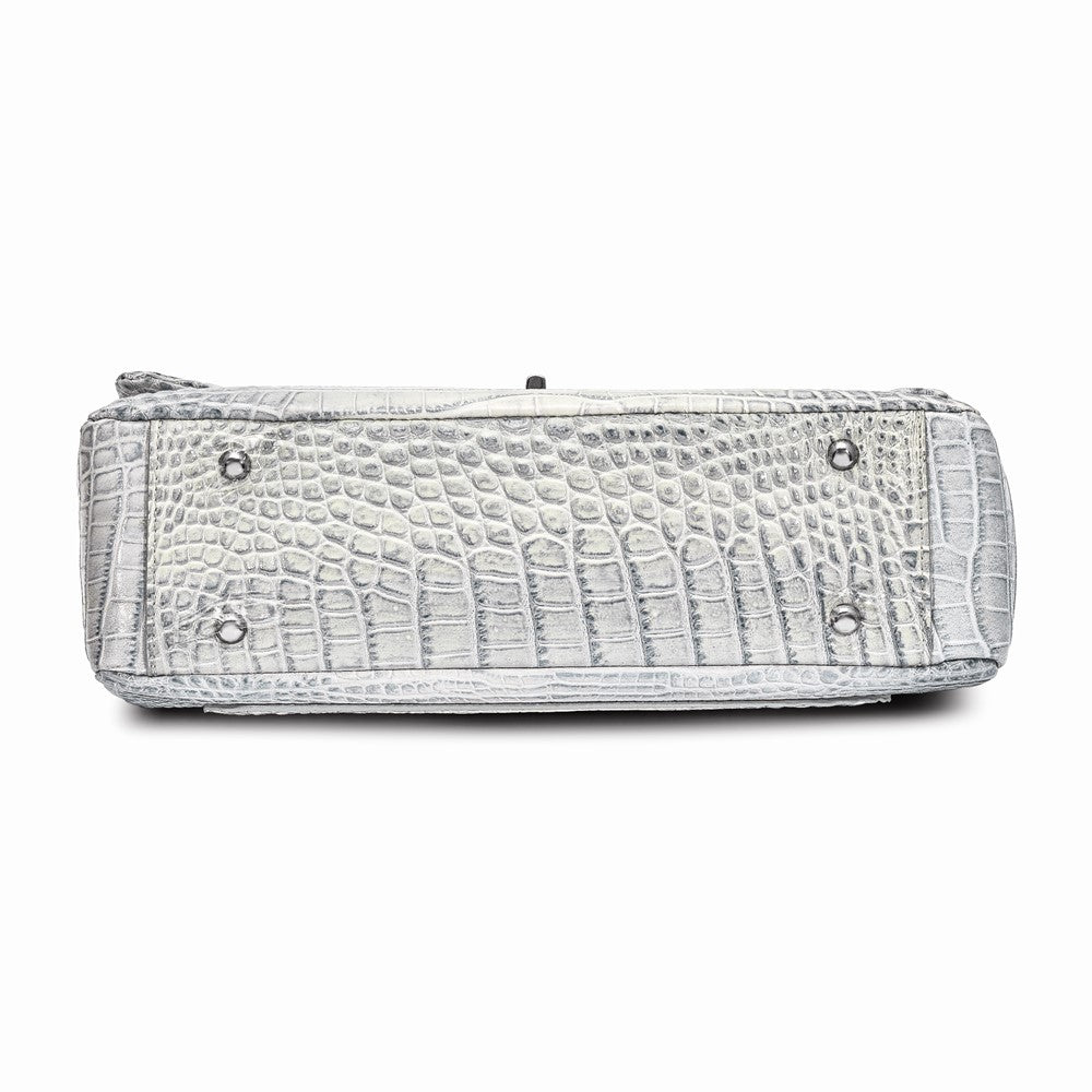 Top Grain Leather Croc Texture Silver-Grey Chain Strap Handbag with Zip Pocket, 2 Slip Pockets, and Key Fob