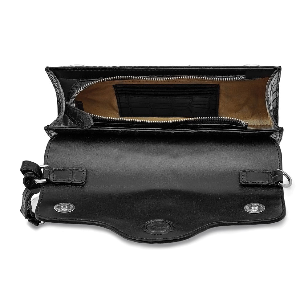 Lusury Giftware by Jere Top Grain Leather Croc Texture RFID Blocking Black Zip-Top with Magnetic Flap Clutch Purse and Removable Crossbody Strap