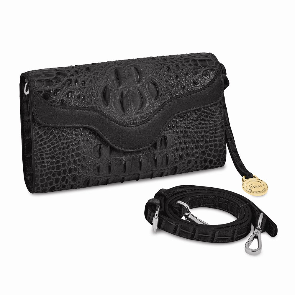 Lusury Giftware by Jere Top Grain Leather Croc Texture RFID Blocking Black Zip-Top with Magnetic Flap Clutch Purse and Removable Crossbody Strap