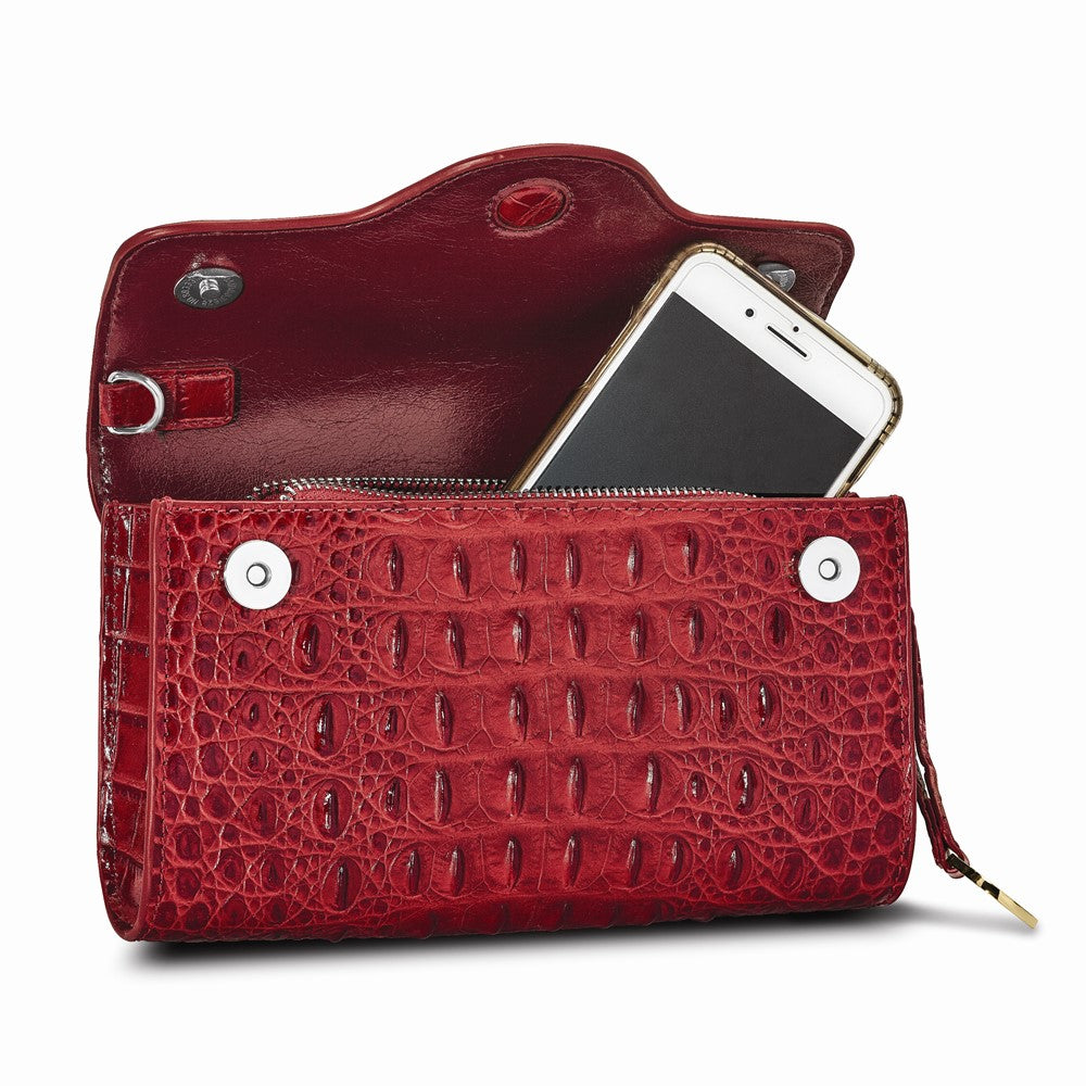 Luxury Giftware by Jere Top Grain Leather Croc Texture RFID Blocking Red Zip-Top with Magnetic Flap Clutch Purse and Removable Crossbody Strap