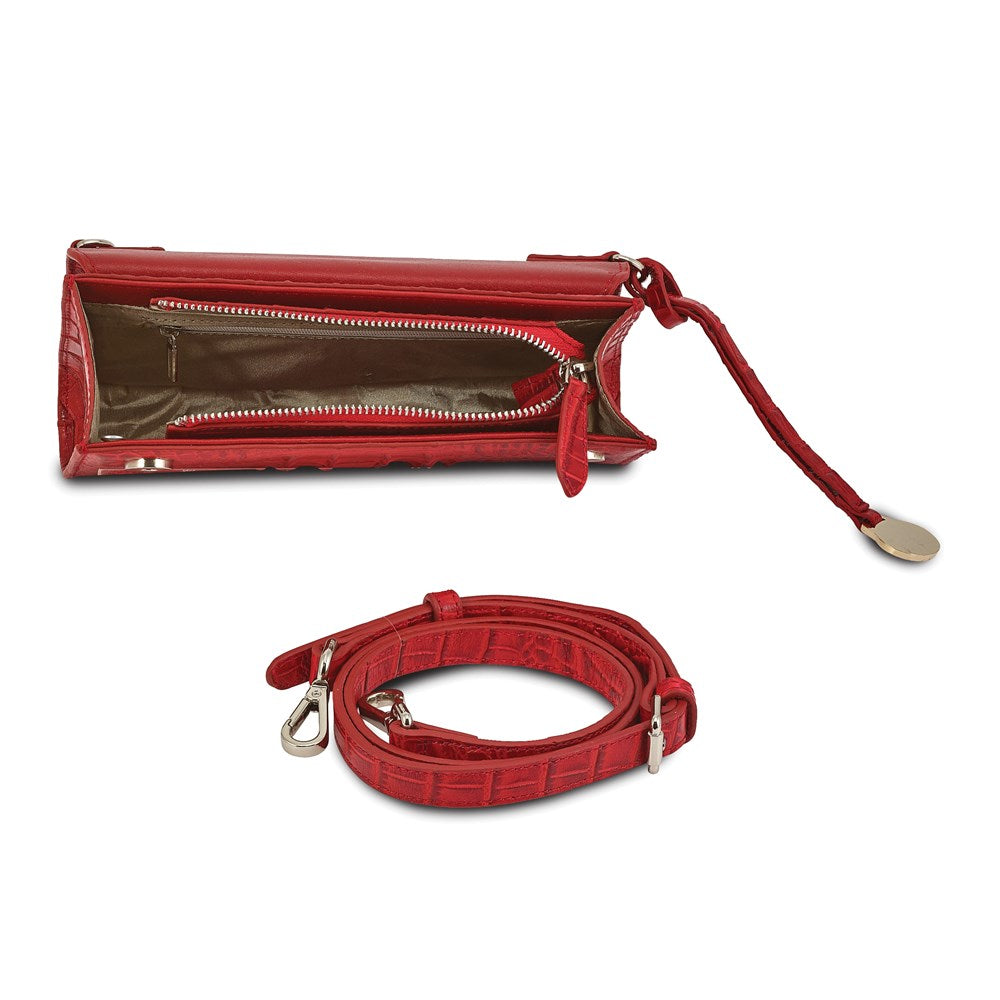 Luxury Giftware by Jere Top Grain Leather Croc Texture RFID Blocking Red Zip-Top with Magnetic Flap Clutch Purse and Removable Crossbody Strap