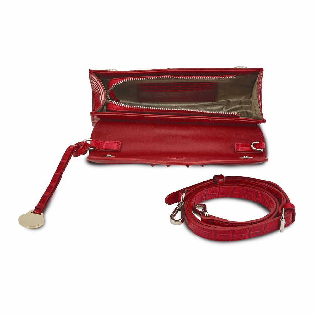 Luxury Giftware by Jere Top Grain Leather Croc Texture RFID Blocking Red Zip-Top with Magnetic Flap Clutch Purse and Removable Crossbody Strap