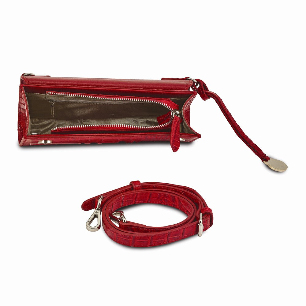 Luxury Giftware by Jere Top Grain Leather Croc Texture RFID Blocking Red Zip-Top with Magnetic Flap Clutch Purse and Removable Crossbody Strap