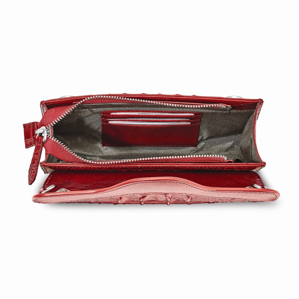 Luxury Giftware by Jere Top Grain Leather Croc Texture RFID Blocking Red Zip-Top with Magnetic Flap Clutch Purse and Removable Crossbody Strap