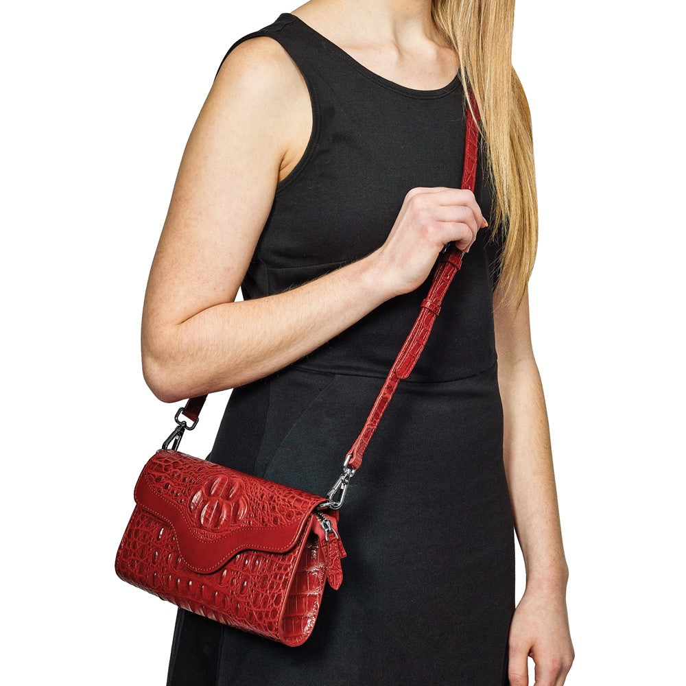 Luxury Giftware by Jere Top Grain Leather Croc Texture RFID Blocking Red Zip-Top with Magnetic Flap Clutch Purse and Removable Crossbody Strap