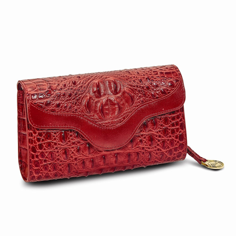 Luxury Giftware by Jere Top Grain Leather Croc Texture RFID Blocking Red Zip-Top with Magnetic Flap Clutch Purse and Removable Crossbody Strap