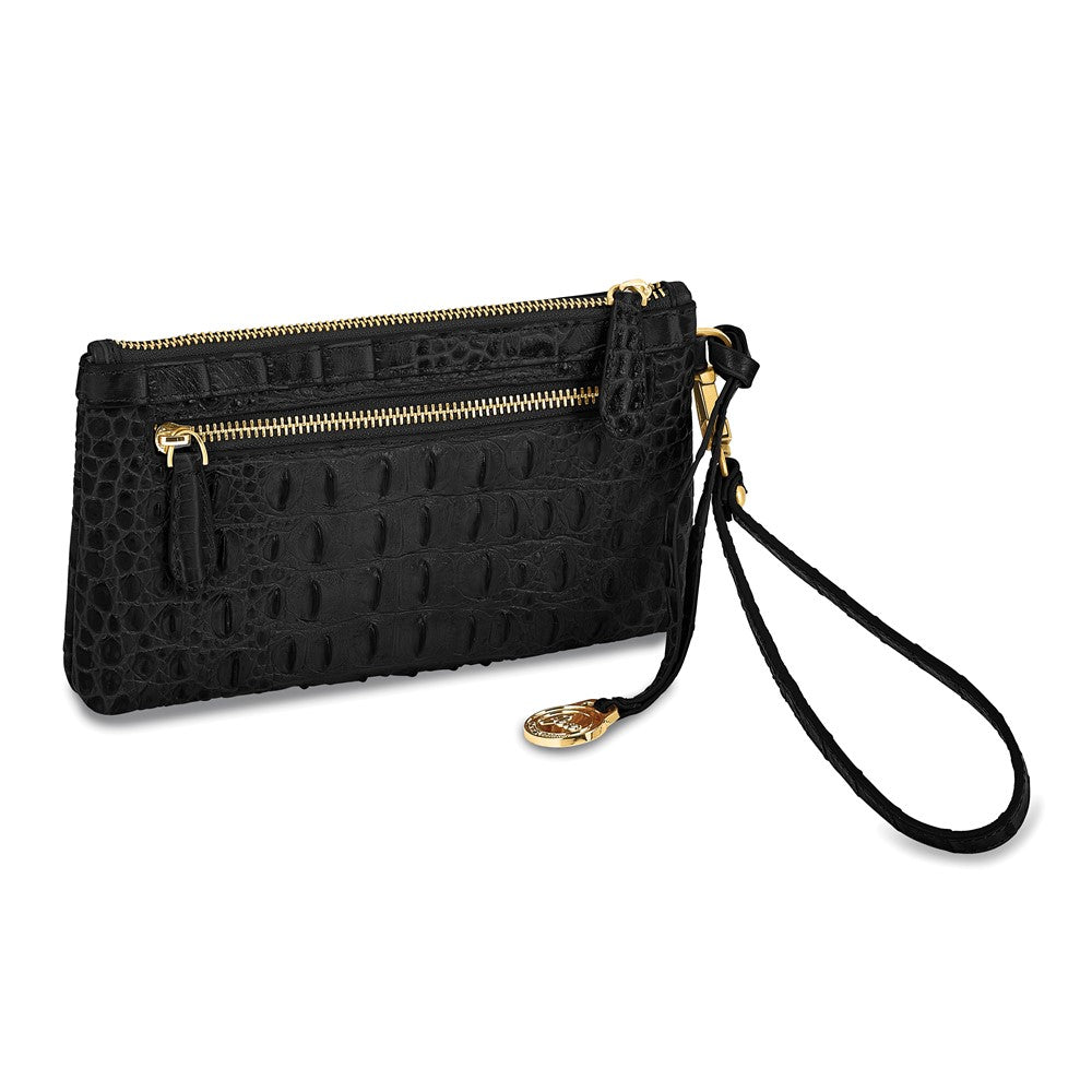 Luxury Giftware by Jere Top Grain Leather Croc Texture RFID Blocking Black Zip-Top Clutch Purse with Detachable Wrist and Crossbody Straps