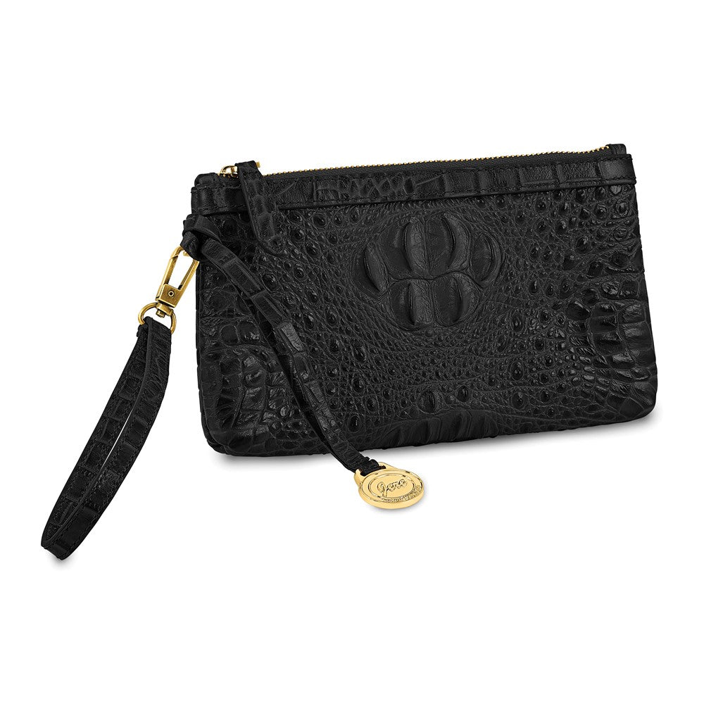 Luxury Giftware by Jere Top Grain Leather Croc Texture RFID Blocking Black Zip-Top Clutch Purse with Detachable Wrist and Crossbody Straps