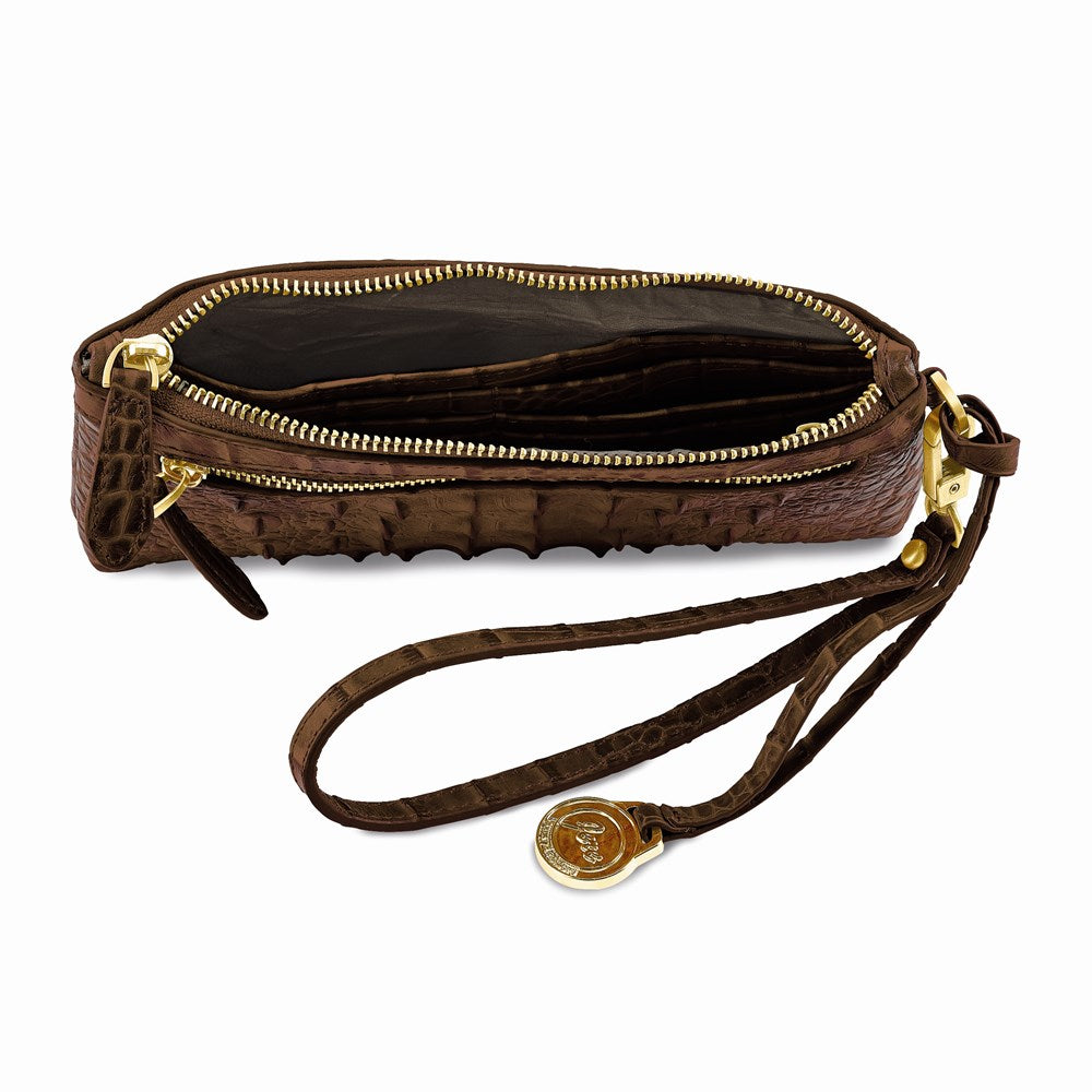 Luxury Giftware by Jere Top Grain Leather Croc Texture RFID Blocking Brown Zip-Top Clutch Purse with Detachable Wrist and Crossbody Straps