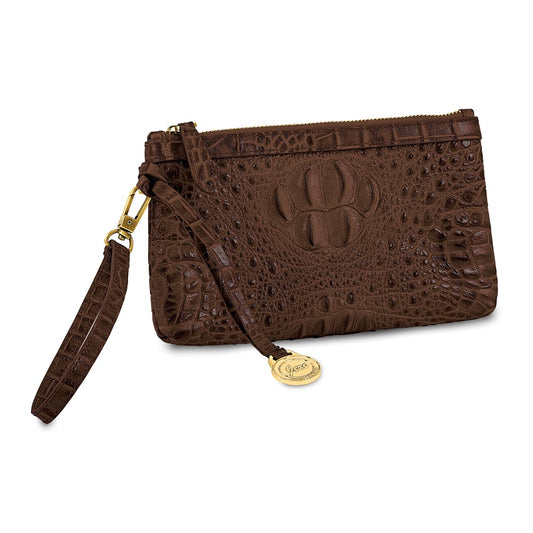 Luxury Giftware by Jere Top Grain Leather Croc Texture RFID Blocking Brown Zip-Top Clutch Purse with Detachable Wrist and Crossbody Straps