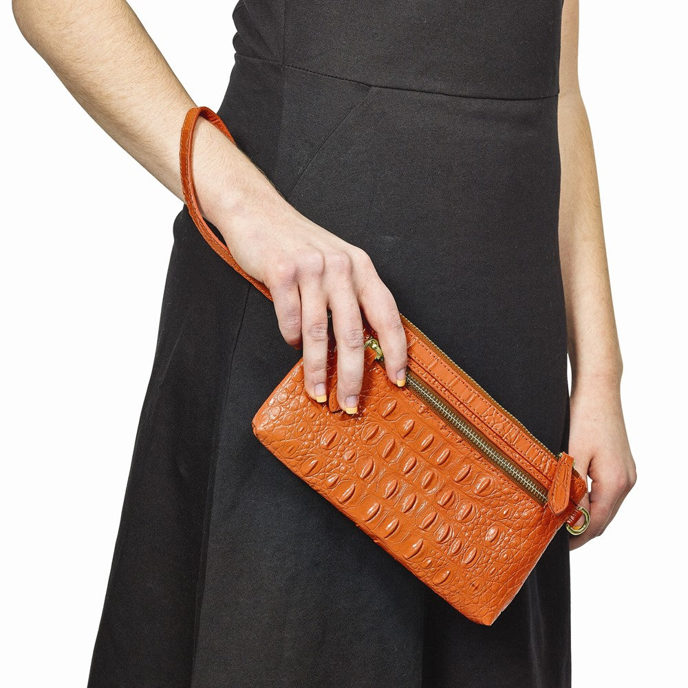 Luxury Giftware by Jere Top Grain Leather Croc Texture RFID Blocking Marigold Orange Zip-Top Clutch Purse with Detachable Wrist and Crossbody Straps